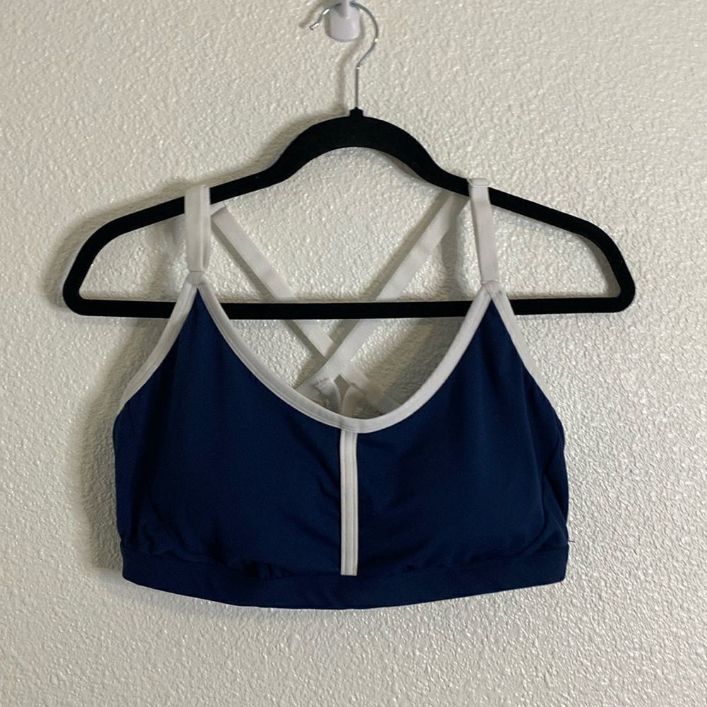 All in motion, navy and white strapping back sports bra, size extra large